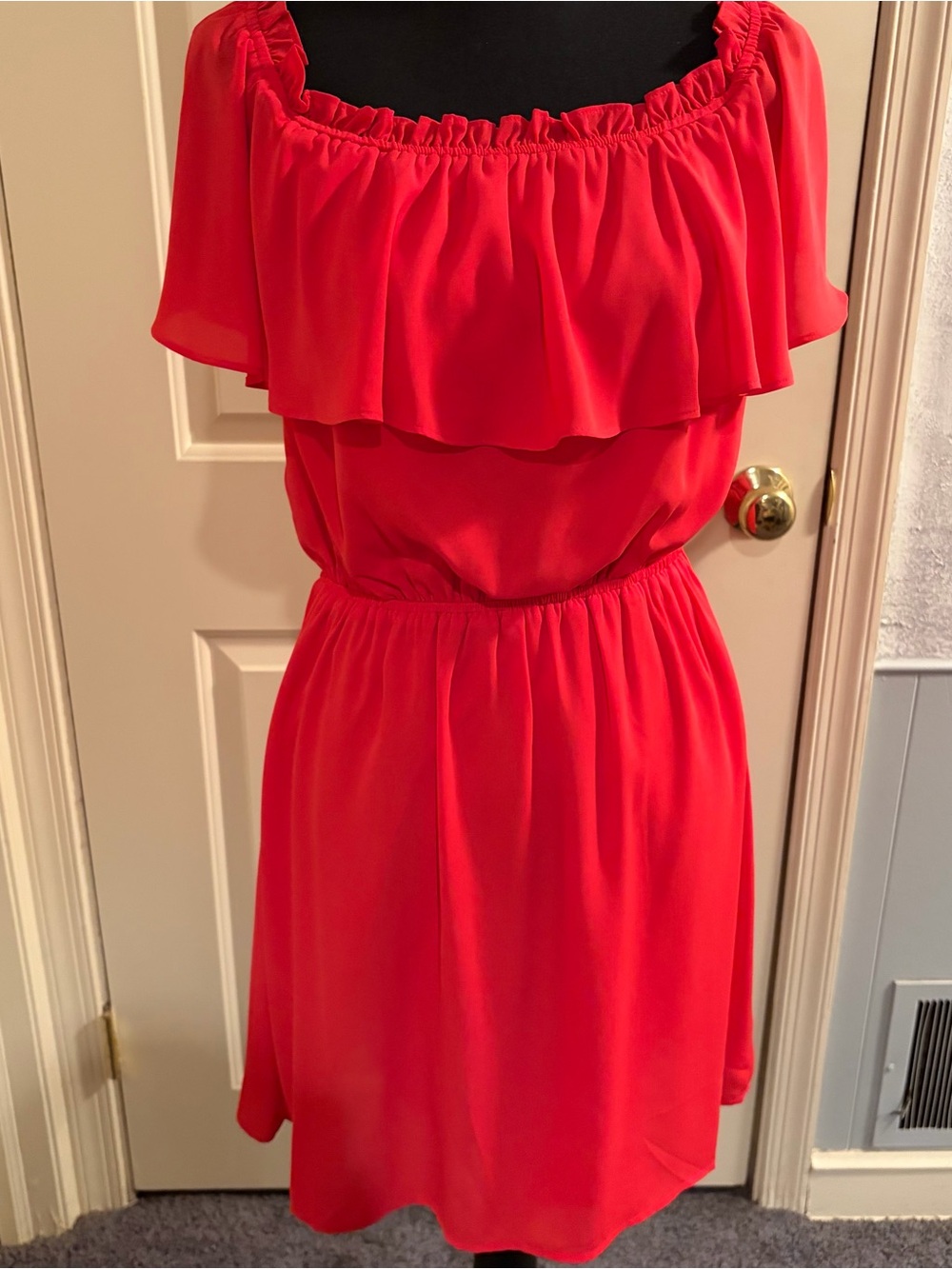 Express Red Off-Shoulder Ruffle Waist Dress